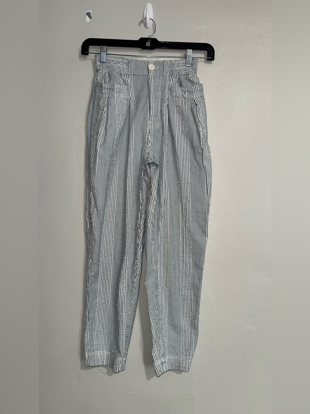 Free People Striped High-Rise Ankle Pants in Gray and White